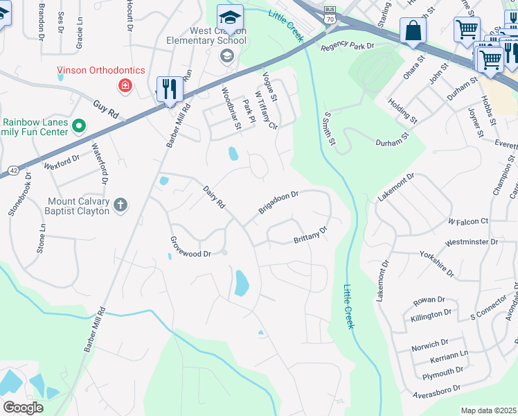 map of restaurants, bars, coffee shops, grocery stores, and more near 2712 Brigadoon Drive in Clayton
