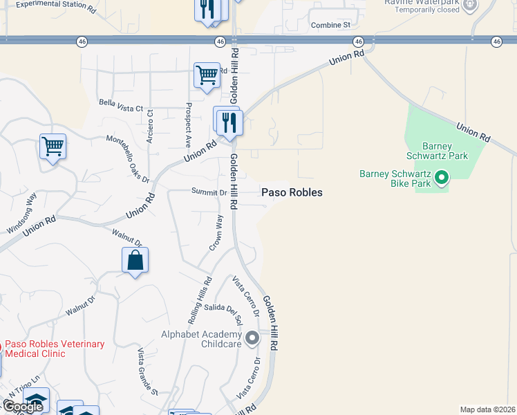 map of restaurants, bars, coffee shops, grocery stores, and more near 2450 Golden Hill Road in Paso Robles
