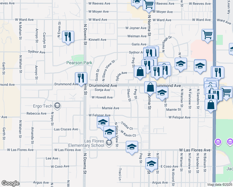 map of restaurants, bars, coffee shops, grocery stores, and more near 707 West Howell Avenue in Ridgecrest