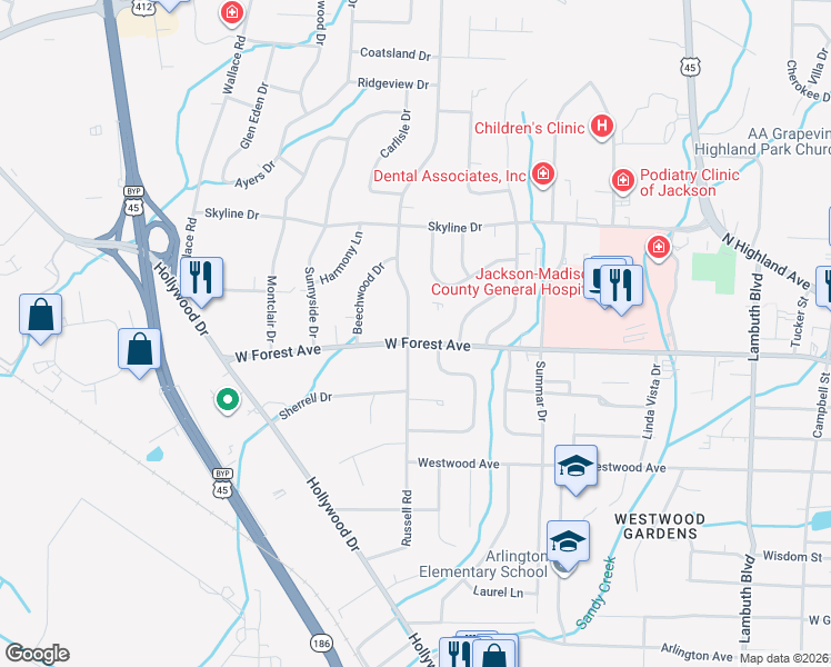 map of restaurants, bars, coffee shops, grocery stores, and more near 866 West Forest Avenue in Jackson