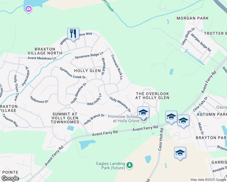 map of restaurants, bars, coffee shops, grocery stores, and more near 112 Carolina Town Lane in Holly Springs