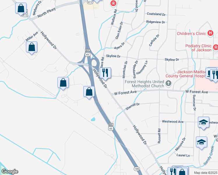 map of restaurants, bars, coffee shops, grocery stores, and more near 1405 Hollywood Drive in Jackson