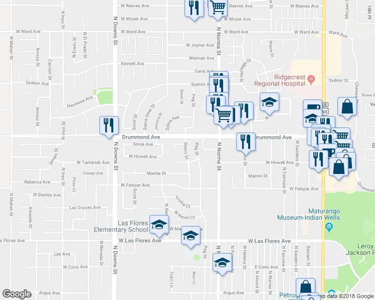 map of restaurants, bars, coffee shops, grocery stores, and more near 818 Sherri Street in Ridgecrest