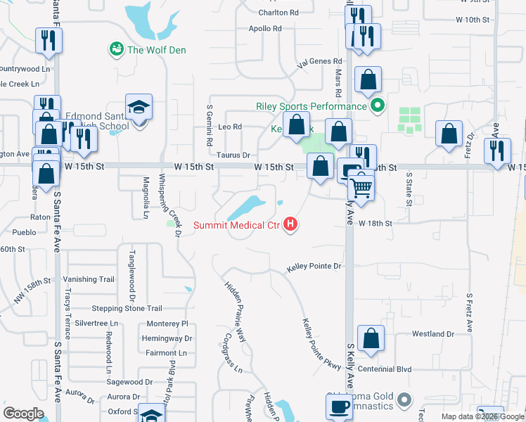 map of restaurants, bars, coffee shops, grocery stores, and more near 1225 Lakeshore Drive in Edmond