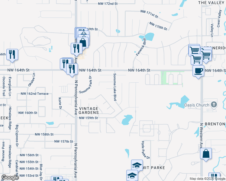 map of restaurants, bars, coffee shops, grocery stores, and more near 16124 Sonoma Lake Boulevard in Edmond
