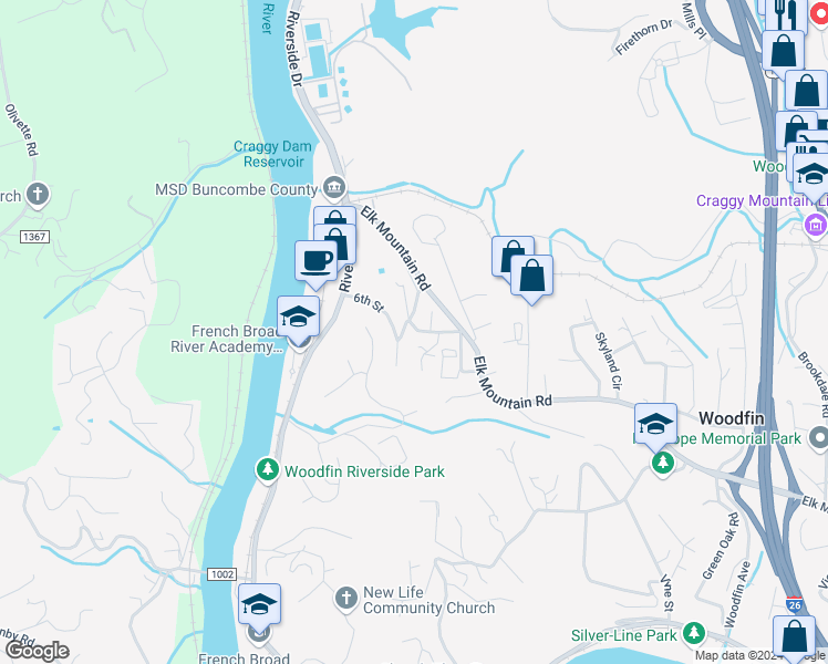 map of restaurants, bars, coffee shops, grocery stores, and more near 22 Penley Avenue in Woodfin
