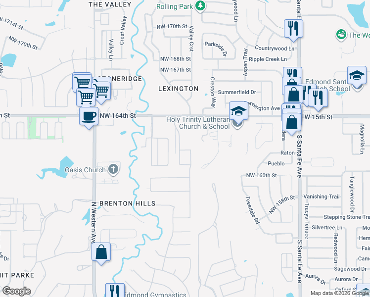 map of restaurants, bars, coffee shops, grocery stores, and more near 528 Northwest 164th Street in Edmond