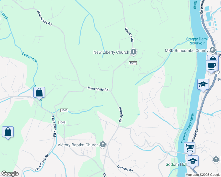 map of restaurants, bars, coffee shops, grocery stores, and more near 432 Olivette Road in Asheville