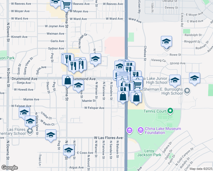 map of restaurants, bars, coffee shops, grocery stores, and more near 801 North Fairview Street in Ridgecrest