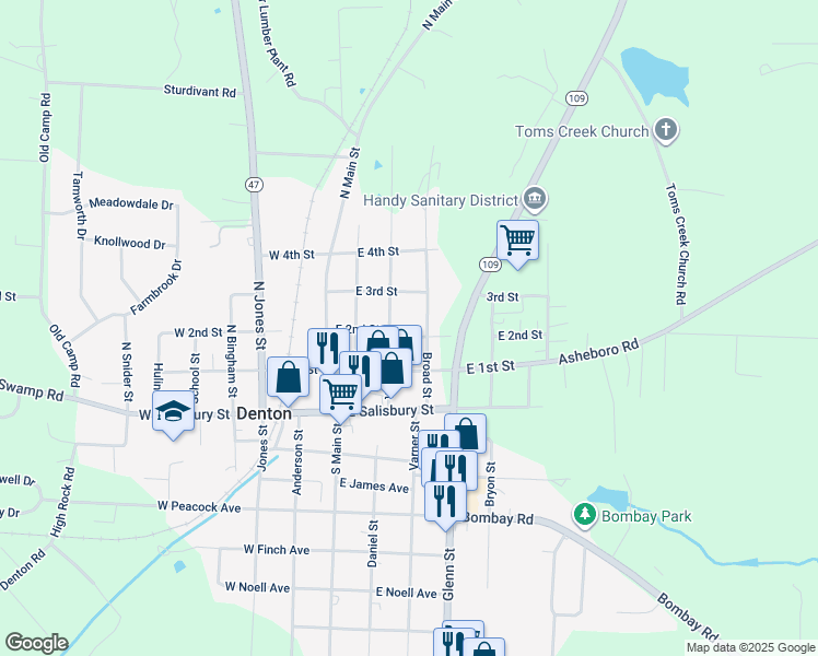 map of restaurants, bars, coffee shops, grocery stores, and more near East 2nd Street in Denton