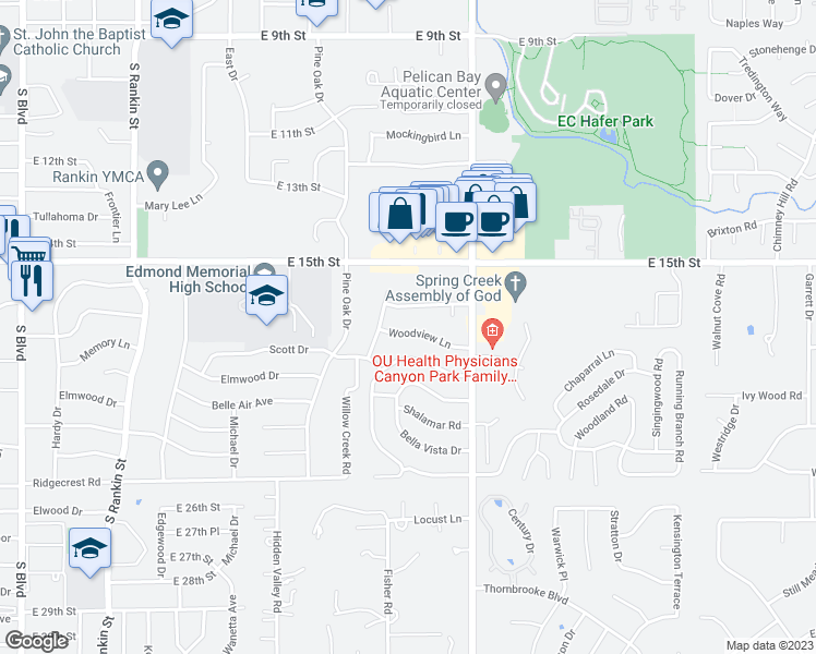 map of restaurants, bars, coffee shops, grocery stores, and more near 1213 Woodview Lane in Edmond