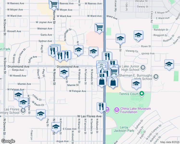 map of restaurants, bars, coffee shops, grocery stores, and more near 833 North Sanders Street in Ridgecrest