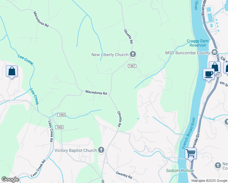 map of restaurants, bars, coffee shops, grocery stores, and more near 435 Olivette Road in Asheville
