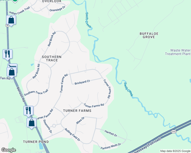 map of restaurants, bars, coffee shops, grocery stores, and more near 5557 Brickyard Court in Garner