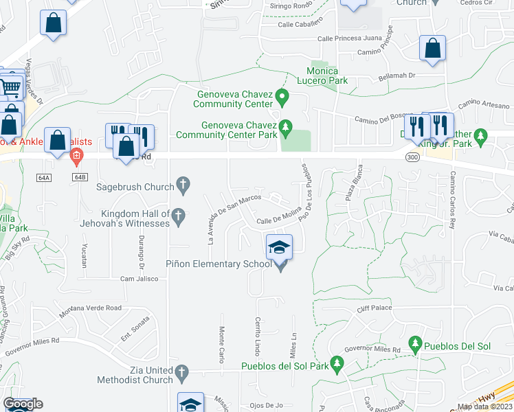 map of restaurants, bars, coffee shops, grocery stores, and more near 3255 Calle De Molina in Santa Fe