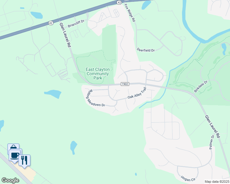 map of restaurants, bars, coffee shops, grocery stores, and more near 63 Sugarfield Lane in Clayton