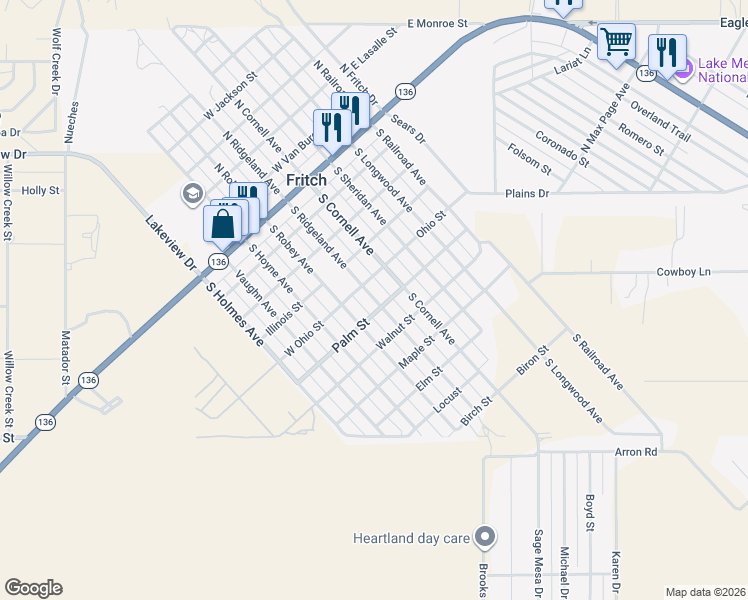 map of restaurants, bars, coffee shops, grocery stores, and more near 408 Ohio Street in Fritch
