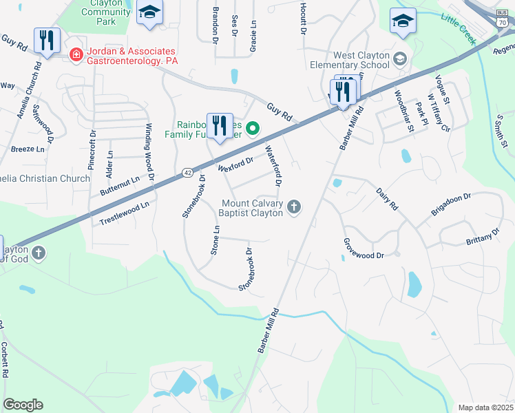 map of restaurants, bars, coffee shops, grocery stores, and more near 512 Waterford Drive in Clayton