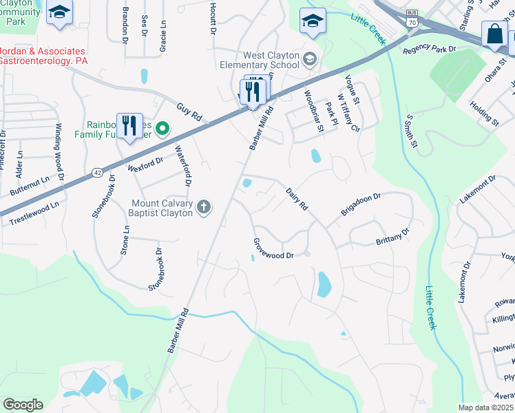 map of restaurants, bars, coffee shops, grocery stores, and more near 1008 Cove Circle in Clayton