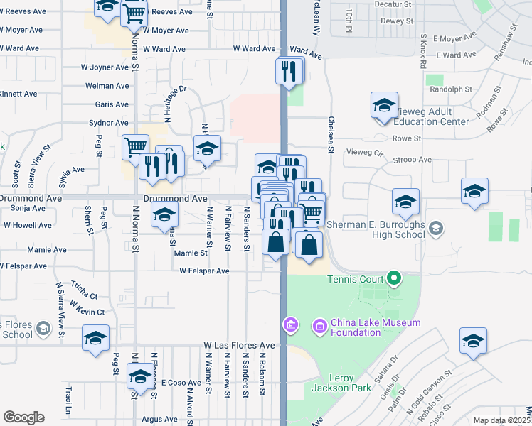 map of restaurants, bars, coffee shops, grocery stores, and more near 831 North China Lake Boulevard in Ridgecrest