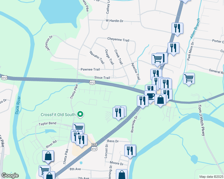 map of restaurants, bars, coffee shops, grocery stores, and more near 305 Sioux Trail in Columbia