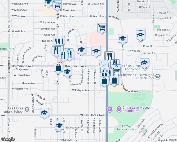 map of restaurants, bars, coffee shops, grocery stores, and more near 236 Drummond Avenue in Ridgecrest