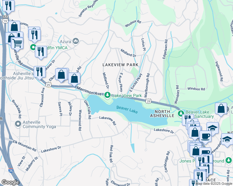 map of restaurants, bars, coffee shops, grocery stores, and more near 25 East Avon Parkway in Asheville