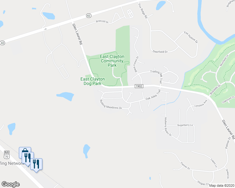 map of restaurants, bars, coffee shops, grocery stores, and more near 39 Rolling Meadows Drive in Clayton