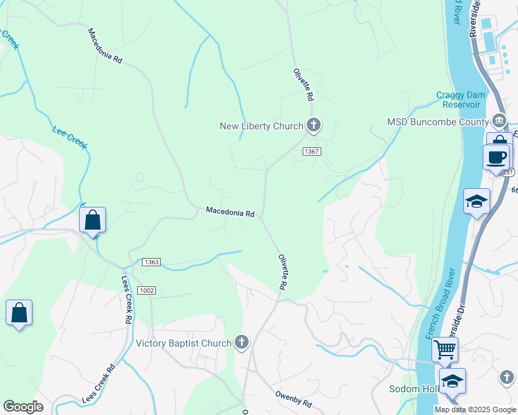 map of restaurants, bars, coffee shops, grocery stores, and more near 432 Olivette Road in Asheville