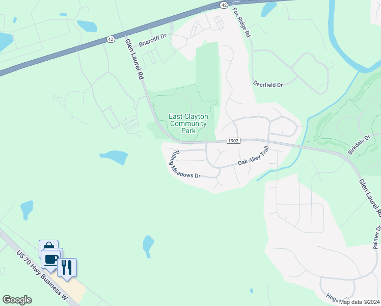 map of restaurants, bars, coffee shops, grocery stores, and more near 85 Rolling Meadows Drive in Clayton