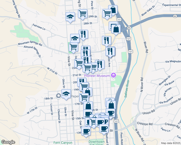 map of restaurants, bars, coffee shops, grocery stores, and more near 741 21st Street in Paso Robles