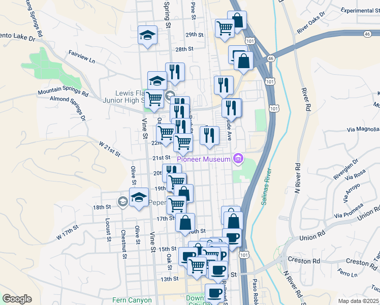 map of restaurants, bars, coffee shops, grocery stores, and more near 741 21st Street in Paso Robles