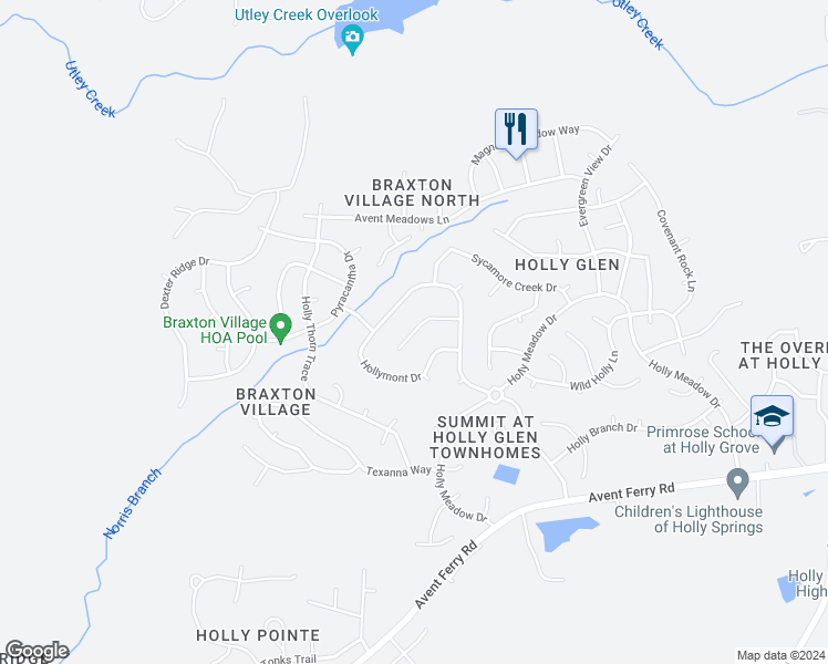 map of restaurants, bars, coffee shops, grocery stores, and more near 129 Roslin Way in Holly Springs