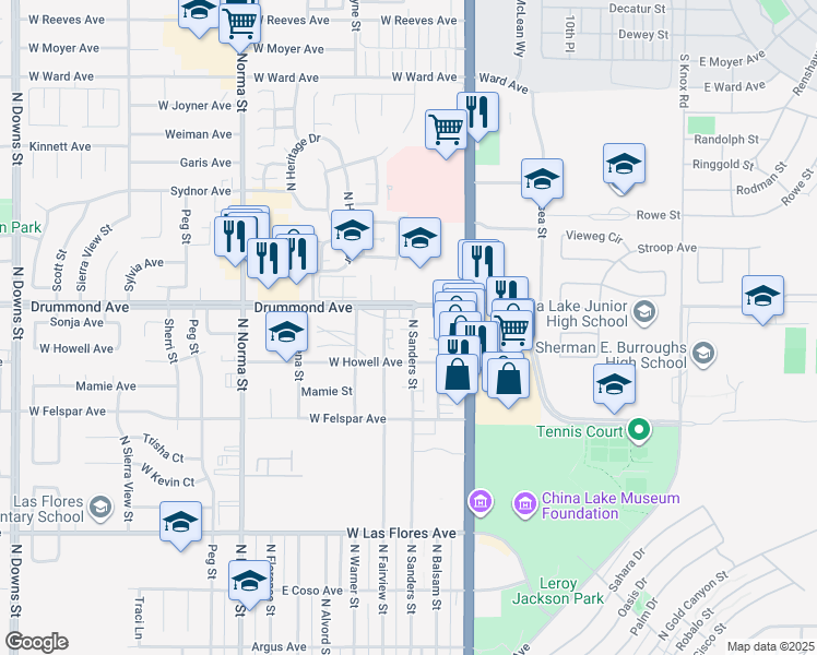 map of restaurants, bars, coffee shops, grocery stores, and more near 835 North Sanders Street in Ridgecrest