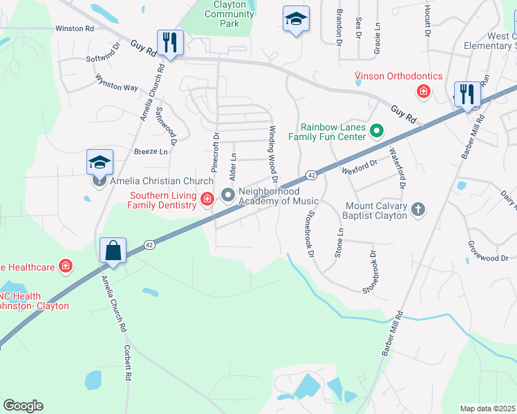 map of restaurants, bars, coffee shops, grocery stores, and more near 305 Trestlewood Lane in Clayton