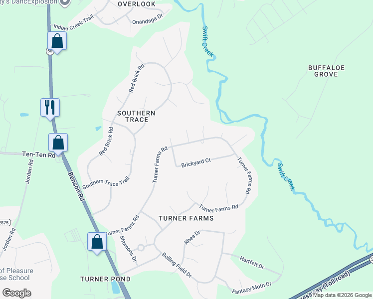 map of restaurants, bars, coffee shops, grocery stores, and more near 5412 Treebound Court in Garner