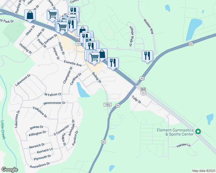 map of restaurants, bars, coffee shops, grocery stores, and more near 6360 Little Creek Church Road in Clayton