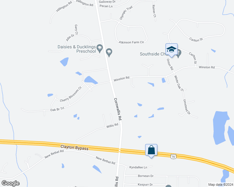 map of restaurants, bars, coffee shops, grocery stores, and more near 6826 Cornwallis Road in Garner