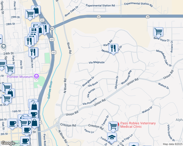 map of restaurants, bars, coffee shops, grocery stores, and more near 1608 Via Flora in Paso Robles