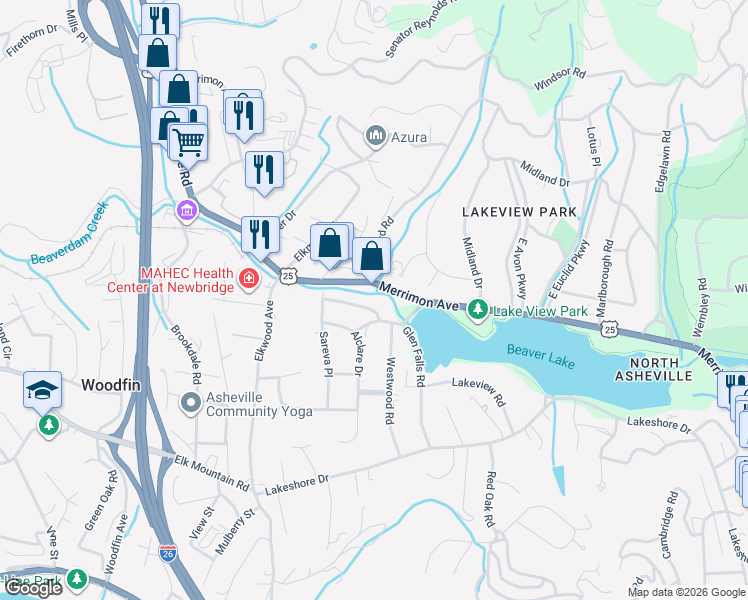 map of restaurants, bars, coffee shops, grocery stores, and more near in Asheville