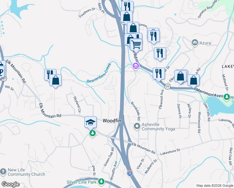 map of restaurants, bars, coffee shops, grocery stores, and more near 99999 Washington Avenue in Asheville