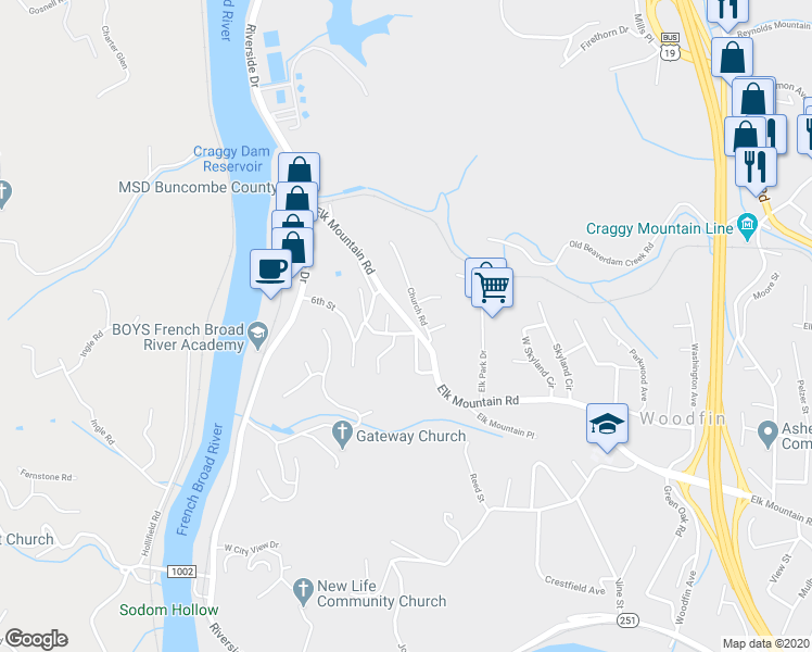 map of restaurants, bars, coffee shops, grocery stores, and more near 215 Elk Mountain Road in Woodfin