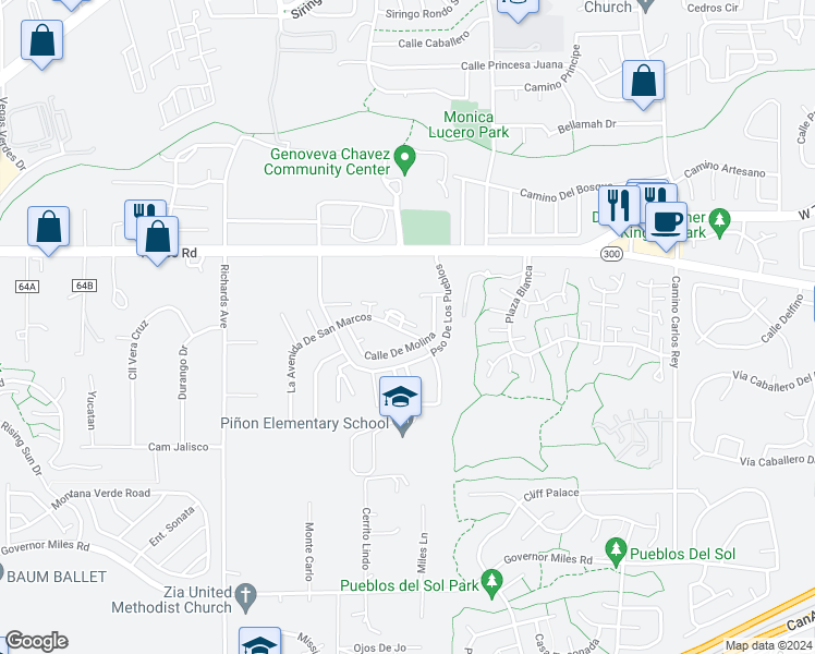 map of restaurants, bars, coffee shops, grocery stores, and more near 3216 La Avenida De San Marcos in Santa Fe