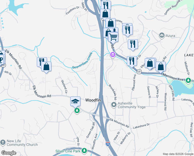 map of restaurants, bars, coffee shops, grocery stores, and more near 99999 Washington Avenue in Asheville