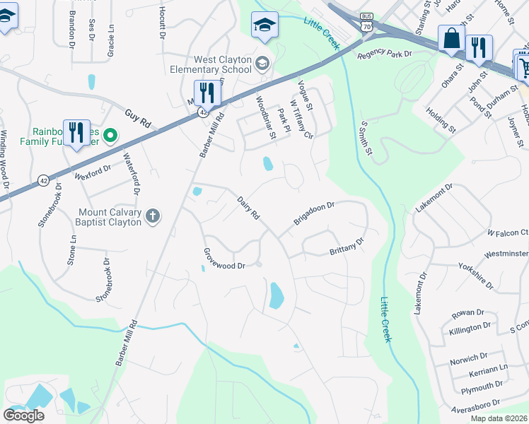map of restaurants, bars, coffee shops, grocery stores, and more near 2837 Bennington Drive in Clayton