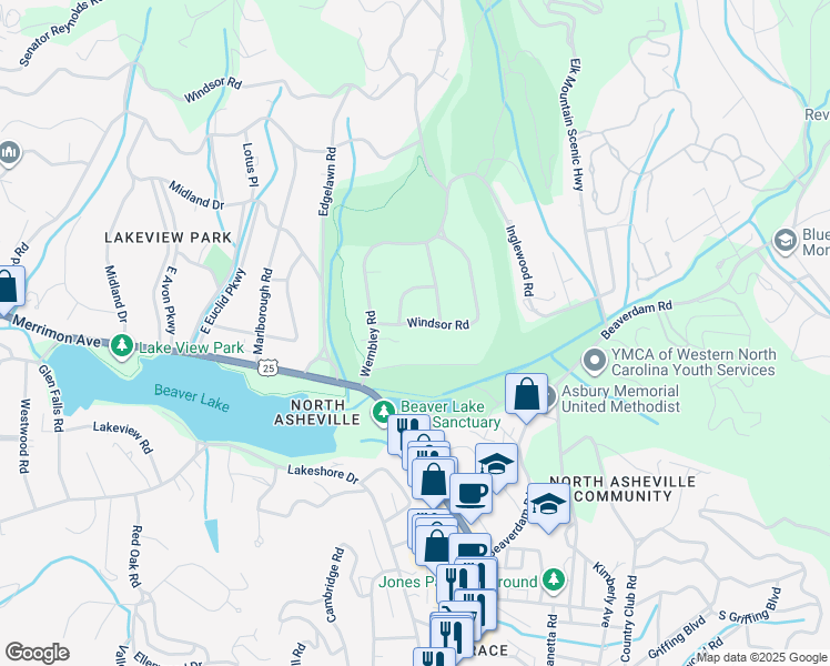map of restaurants, bars, coffee shops, grocery stores, and more near 35 Windsor Road in Asheville