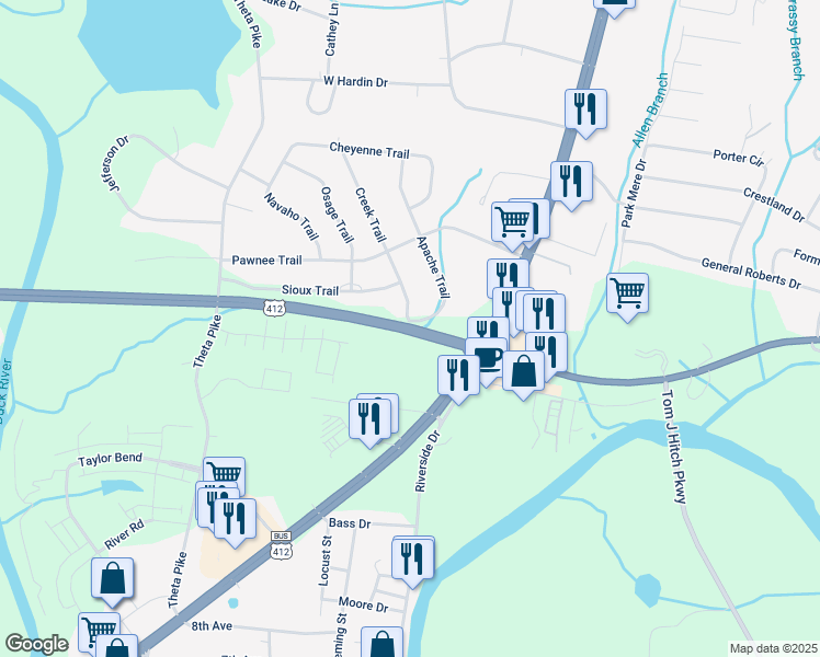 map of restaurants, bars, coffee shops, grocery stores, and more near 1200 Tennessee 6 in Columbia