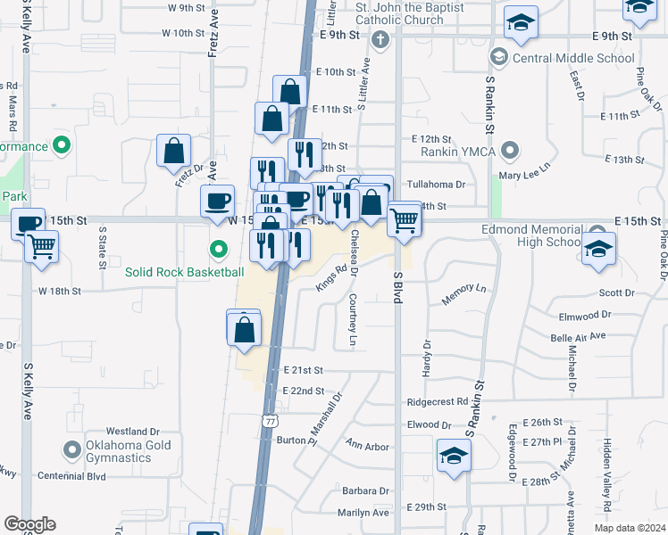map of restaurants, bars, coffee shops, grocery stores, and more near 1713 Kings Road in Edmond