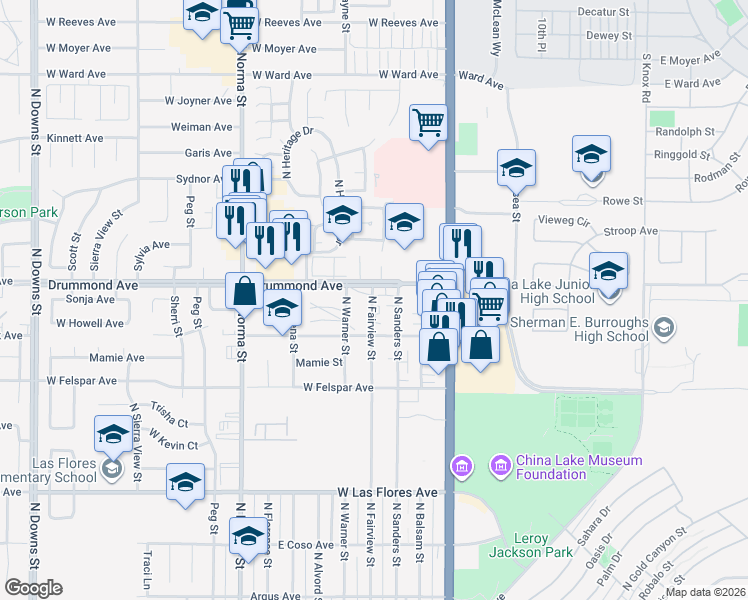map of restaurants, bars, coffee shops, grocery stores, and more near 236 Drummond Avenue in Ridgecrest