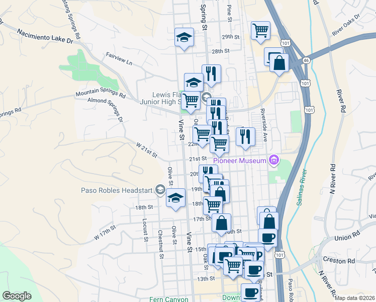 map of restaurants, bars, coffee shops, grocery stores, and more near 519 22nd Street in Paso Robles